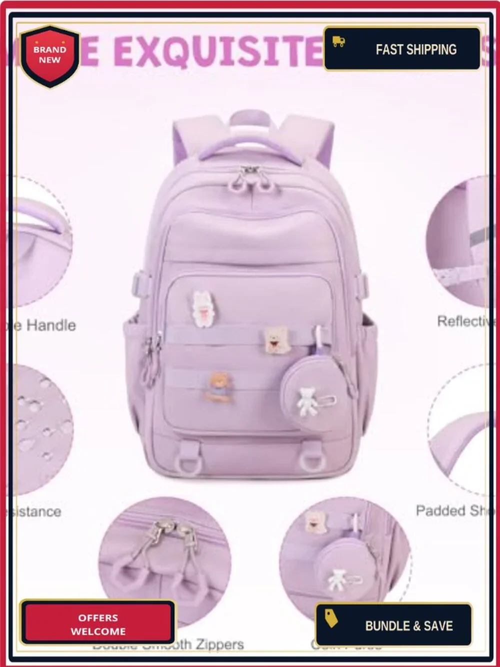 Girls Backpack Set with Lunch Bag Pencil Pouch Waterproof Nylon Laptop Bookbag